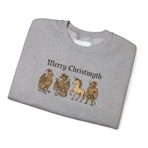 Grey Merry Christmyth Medieval Monsters Cryptid Holiday Crewneck Sweater Sz S